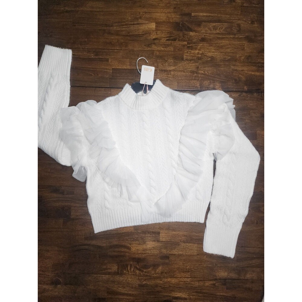 Gianni Bini White Cable‑Knit Sweater with Front & Back Tulle Ruffle – Size LX